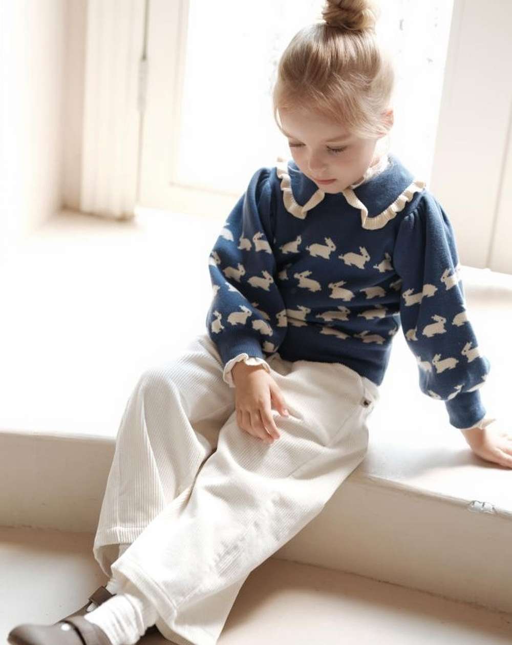 ニット・セーター 長袖セーター うさぎ柄 メロウフリル襟 パフスリーブ ニットプルオーバー【mh0011547】