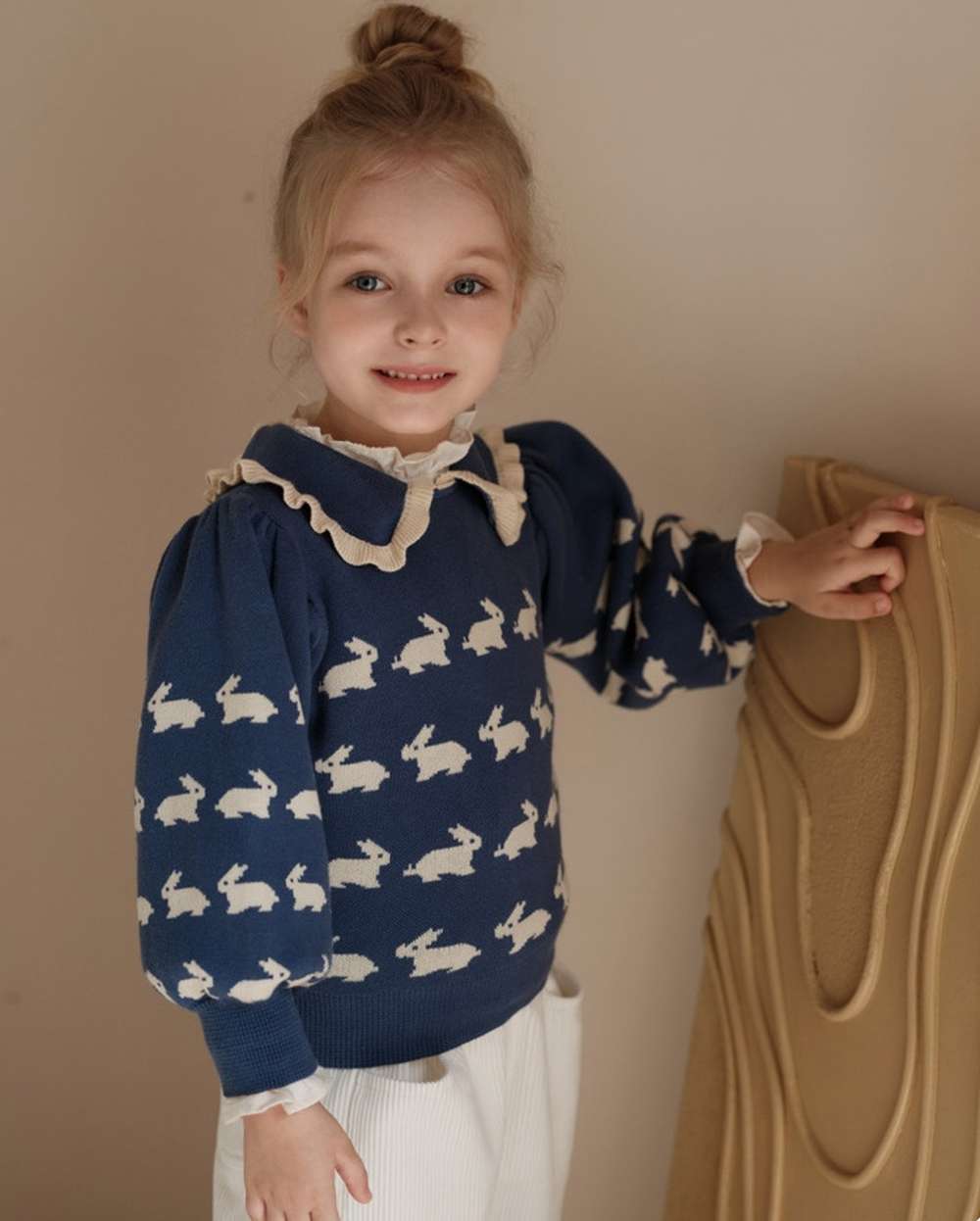 ニット・セーター 長袖セーター うさぎ柄 メロウフリル襟 パフスリーブ ニットプルオーバー【mh0011547】