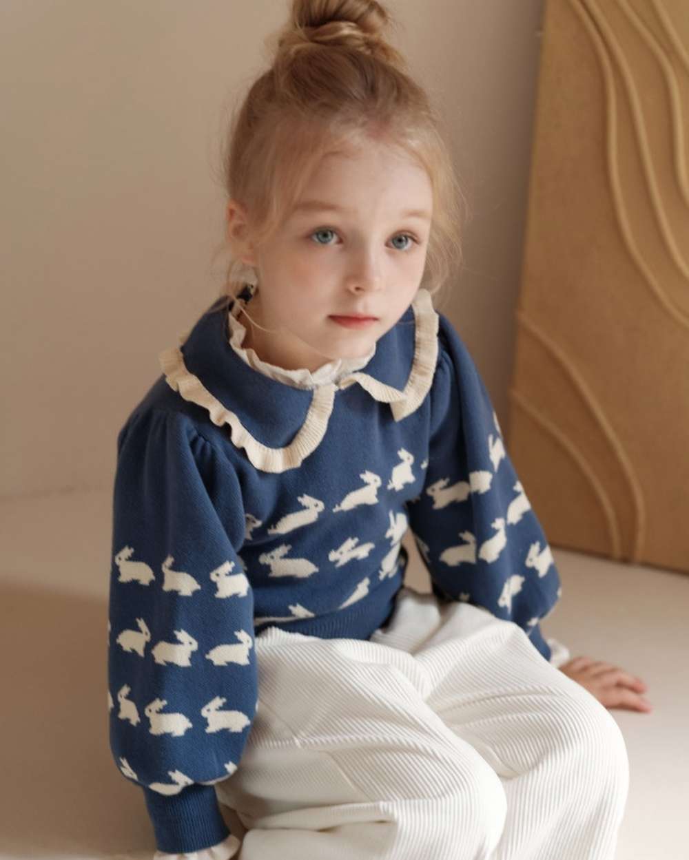 ニット・セーター 長袖セーター うさぎ柄 メロウフリル襟 パフスリーブ ニットプルオーバー【mh0011547】