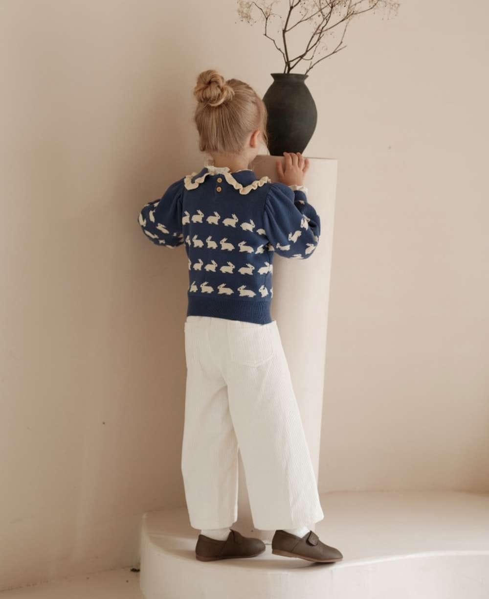 ニット・セーター 長袖セーター うさぎ柄 メロウフリル襟 パフスリーブ ニットプルオーバー【mh0011547】