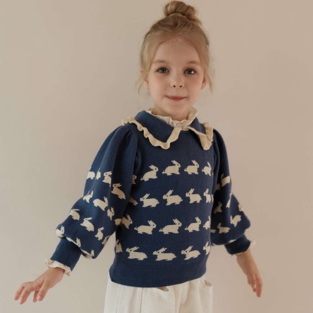 ニット・セーター 長袖セーター うさぎ柄 メロウフリル襟 パフスリーブ ニットプルオーバー【mh0011547】