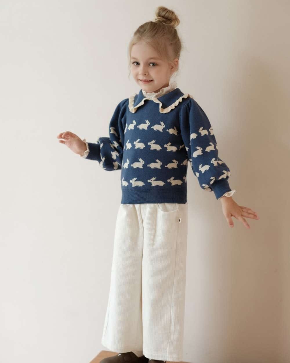 ニット・セーター 長袖セーター うさぎ柄 メロウフリル襟 パフスリーブ ニットプルオーバー【mh0011547】