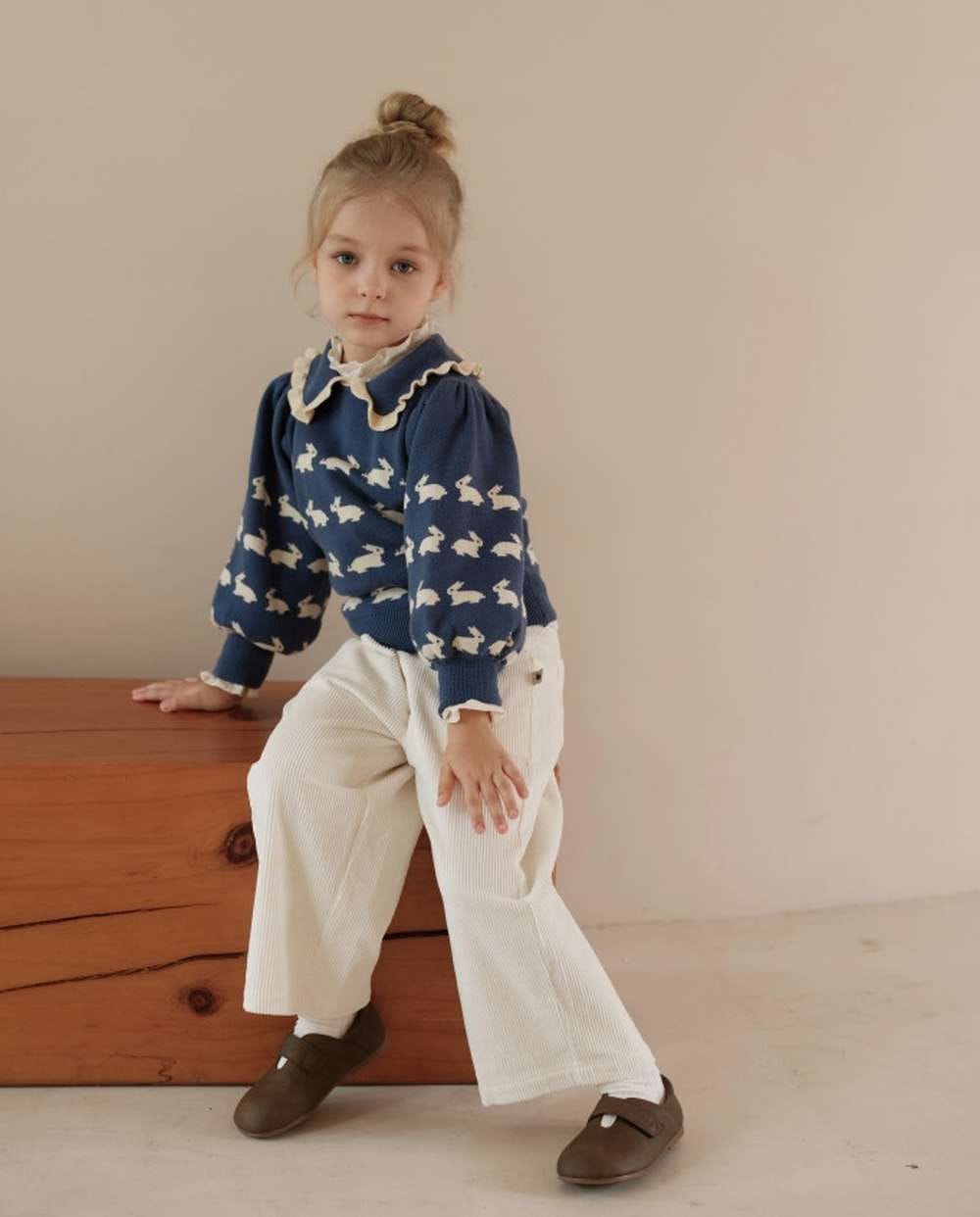 ニット・セーター 長袖セーター うさぎ柄 メロウフリル襟 パフスリーブ ニットプルオーバー【mh0011547】