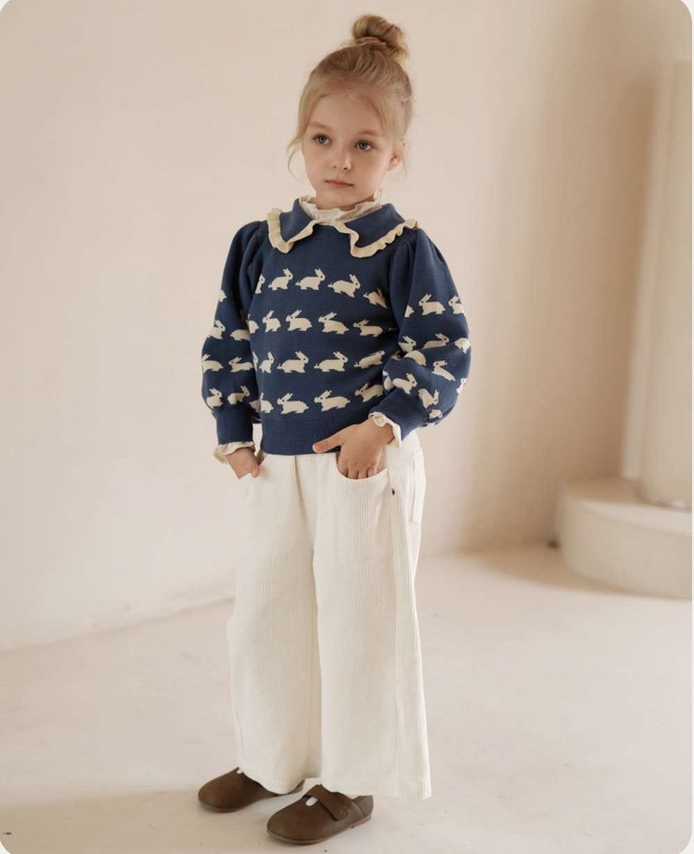 ニット・セーター 長袖セーター うさぎ柄 メロウフリル襟 パフスリーブ ニットプルオーバー【mh0011547】