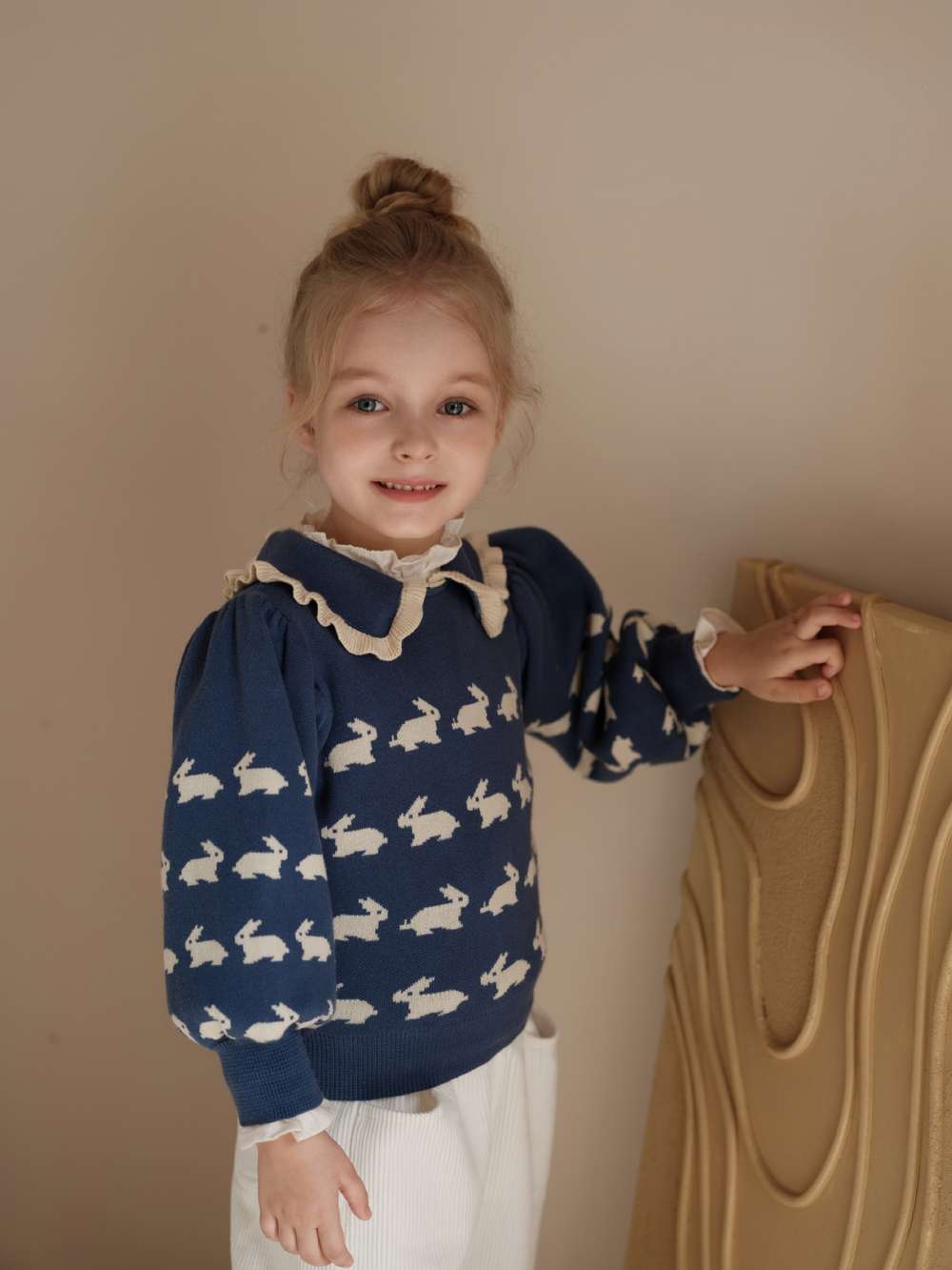 ニット・セーター 長袖セーター うさぎ柄 メロウフリル襟 パフスリーブ ニットプルオーバー【mh0011547】