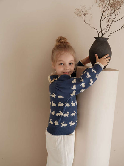 ニット・セーター 長袖セーター うさぎ柄 メロウフリル襟 パフスリーブ ニットプルオーバー【mh0011547】