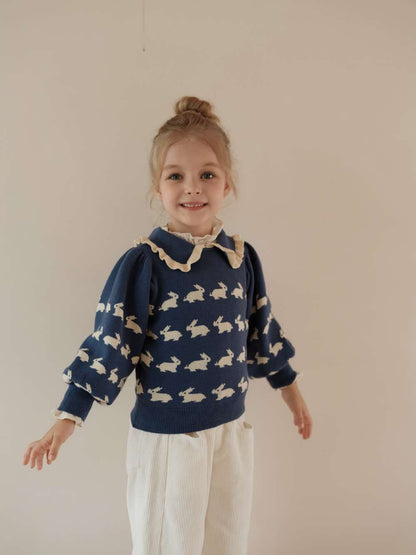 ニット・セーター 長袖セーター うさぎ柄 メロウフリル襟 パフスリーブ ニットプルオーバー【mh0011547】