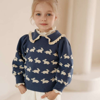 ニット・セーター 長袖セーター うさぎ柄 メロウフリル襟 パフスリーブ ニットプルオーバー【mh0011547】