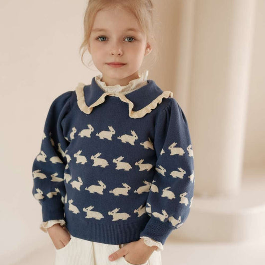 ニット・セーター 長袖セーター うさぎ柄 メロウフリル襟 パフスリーブ ニットプルオーバー【mh0011547】