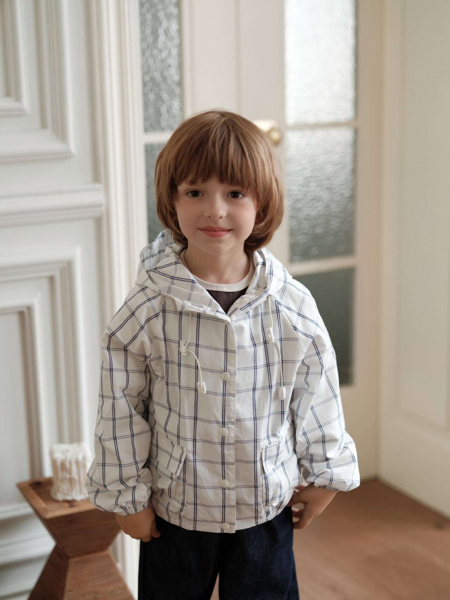 ショートコート・ジャケット・ジャンパー ウィンドブレーカー チェック柄 キッズ フード付き 調整可能【mh0011557】