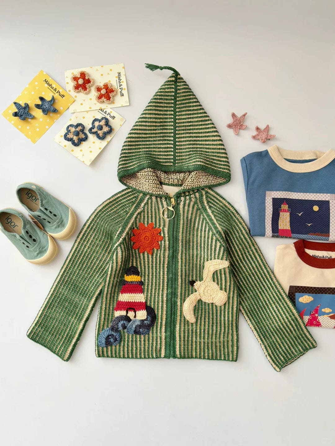 カーディガン・パーカー ニットカーディガン アップリケ フード付き キッズ【mh0011558】