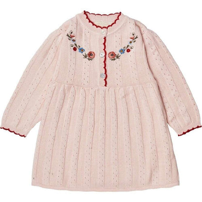 長袖ワンピース Pink / 90cm 長袖ワンピース ニット 花刺繍 スカラップレース Aライン チュニック【mh0011552】