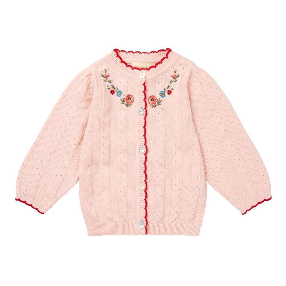 カーディガン・パーカー Pink / 90cm 長袖カーディガン 刺繍 ピコレース パフスリーブ ニット【mh0011551】