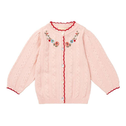 カーディガン・パーカー Pink / 90cm 長袖カーディガン 刺繍 ピコレース パフスリーブ ニット【mh0011551】