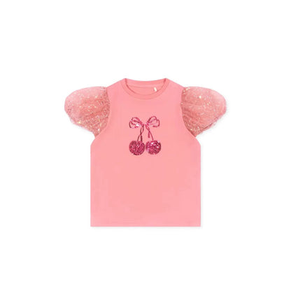 半袖セットアップ スパンコールチェリー半袖パフスリーブTシャツ/チュールスカート【mh0009414】