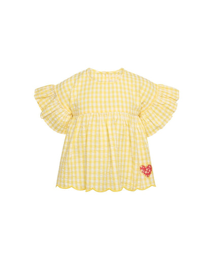 半袖セットアップ tops / 90cm ギンガムチェックフリルスリーブブラウス/ワイドルーズパンツ【mh0009419】