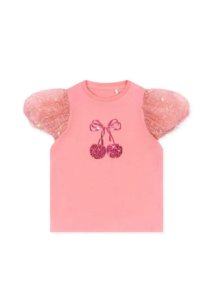 半袖セットアップ tops / 90cm スパンコールチェリー半袖パフスリーブTシャツ/チュールスカート【mh0009414】