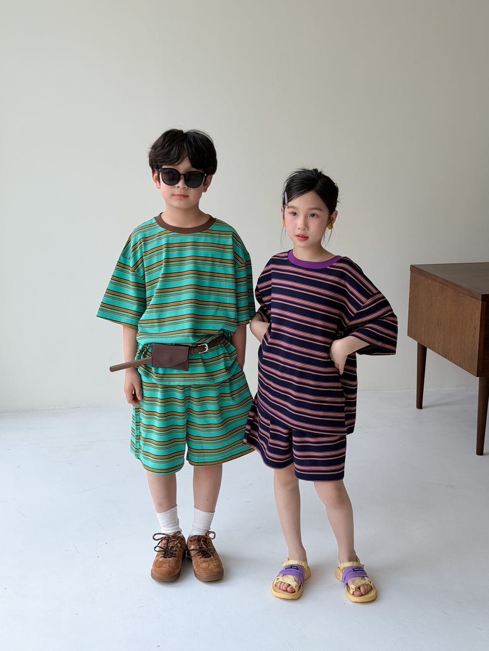 Multi Stripe Drop Shoulder Loose Set マルチボーダー 半袖Tシャツ ハーフパンツ セット【mh0013521】 KUMAI.KIDS 半袖セットアップ