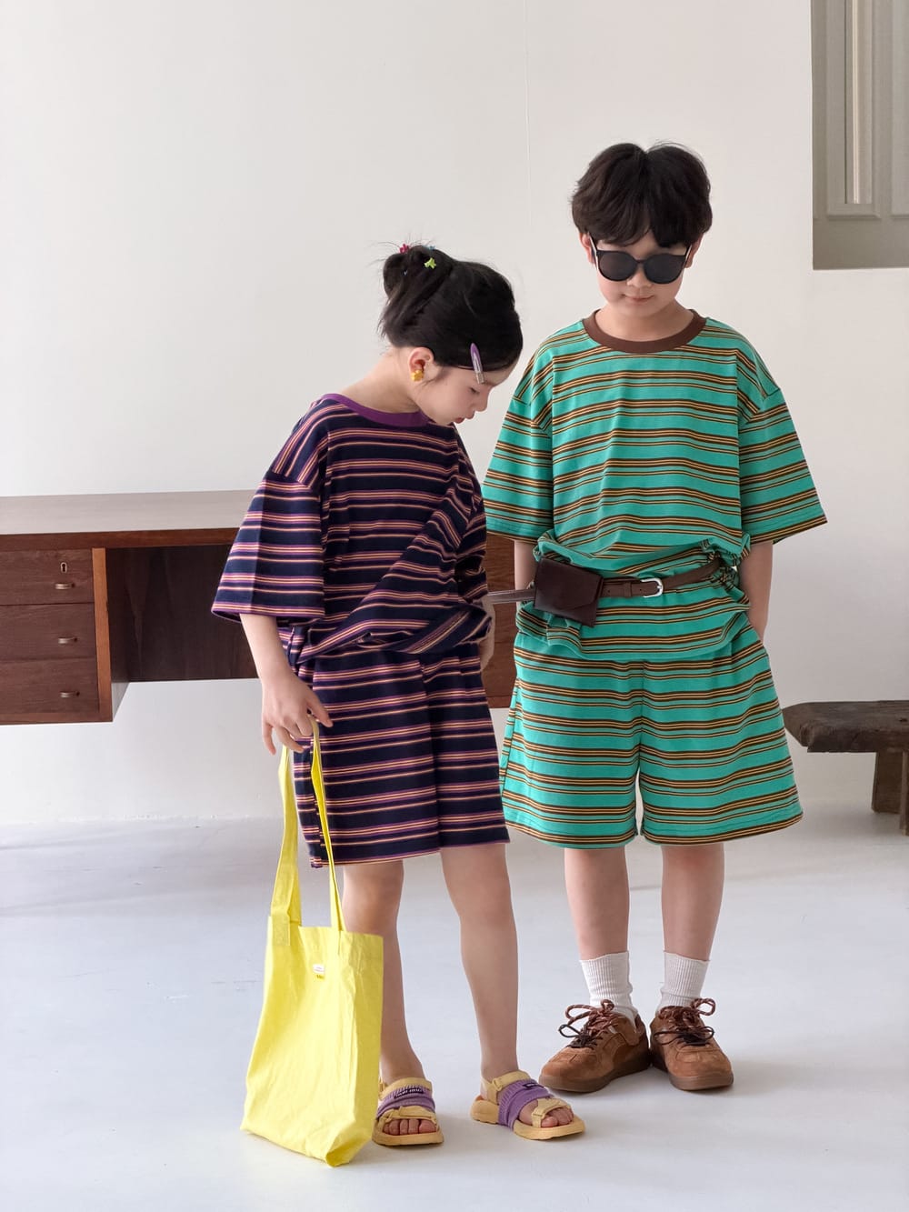 Multi Stripe Drop Shoulder Loose Set マルチボーダー 半袖Tシャツ ハーフパンツ セット【mh0013521】 KUMAI.KIDS 半袖セットアップ