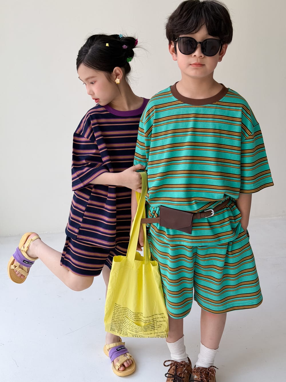 Multi Stripe Drop Shoulder Loose Set マルチボーダー 半袖Tシャツ ハーフパンツ セット【mh0013521】 KUMAI.KIDS 半袖セットアップ