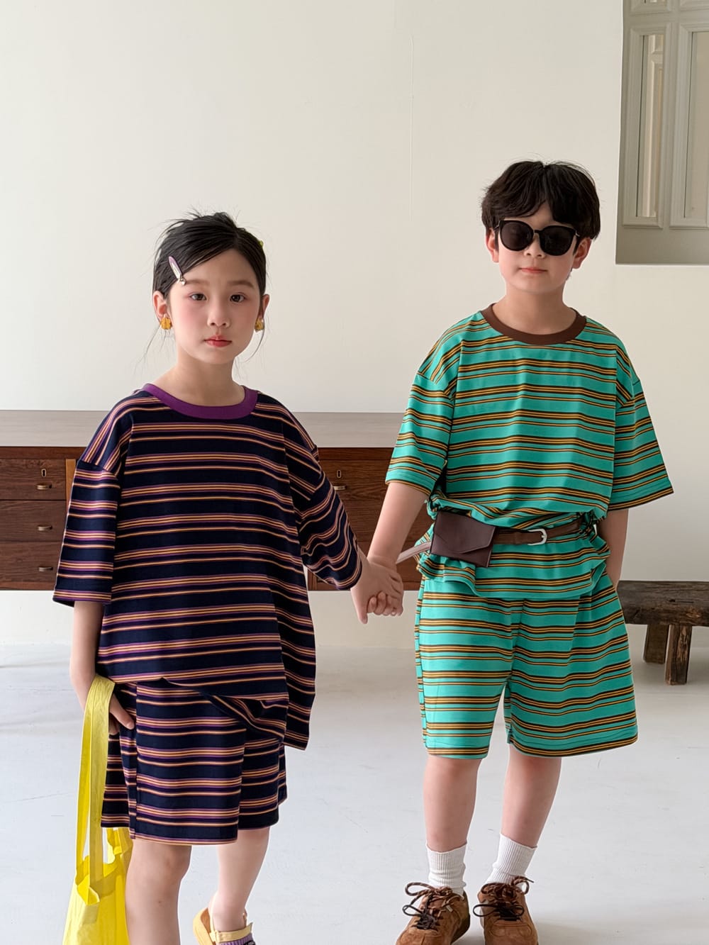 Multi Stripe Drop Shoulder Loose Set マルチボーダー 半袖Tシャツ ハーフパンツ セット【mh0013521】 KUMAI.KIDS 半袖セットアップ