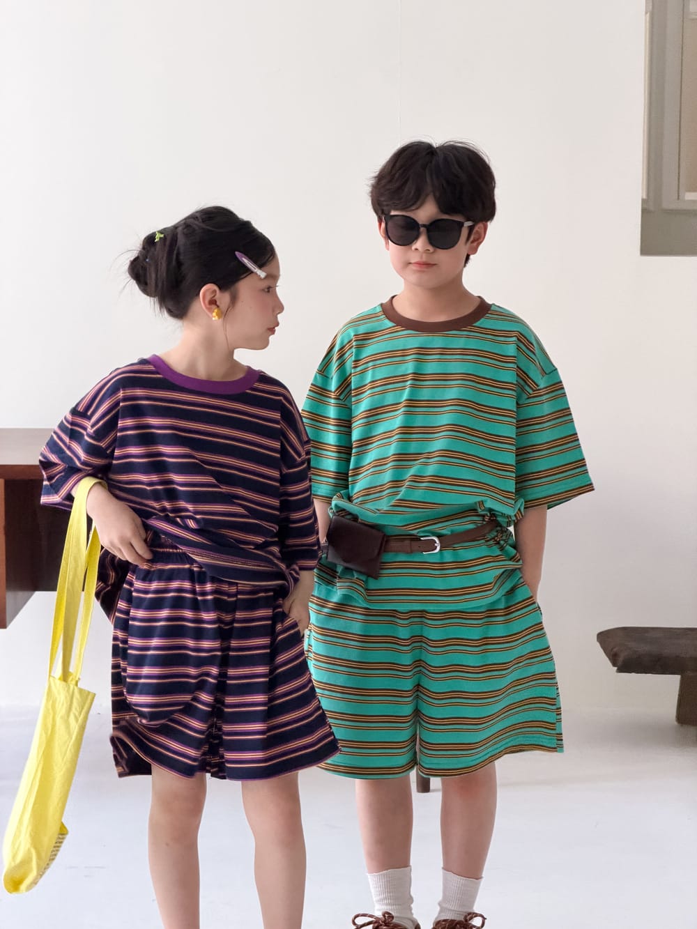 Multi Stripe Drop Shoulder Loose Set マルチボーダー 半袖Tシャツ ハーフパンツ セット【mh0013521】 KUMAI.KIDS 半袖セットアップ