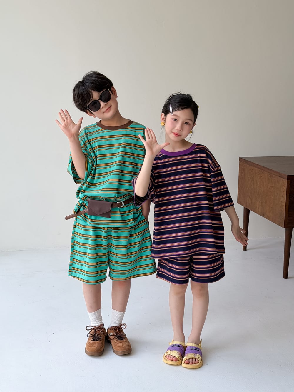 Multi Stripe Drop Shoulder Loose Set マルチボーダー 半袖Tシャツ ハーフパンツ セット【mh0013521】 KUMAI.KIDS 半袖セットアップ