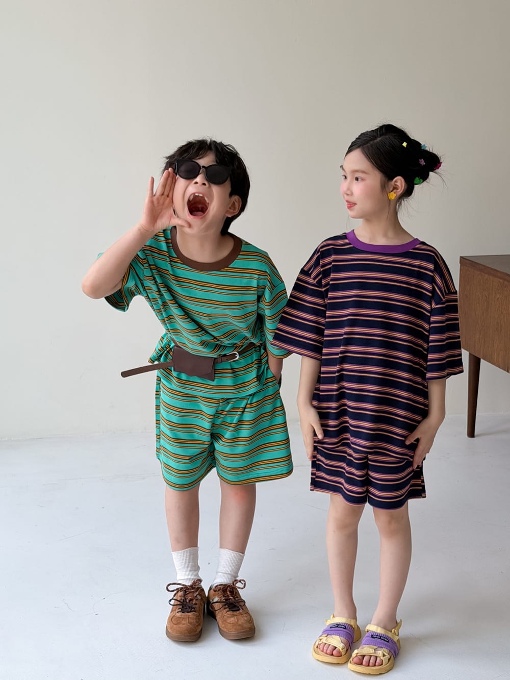 Multi Stripe Drop Shoulder Loose Set マルチボーダー 半袖Tシャツ ハーフパンツ セット【mh0013521】 KUMAI.KIDS 半袖セットアップ