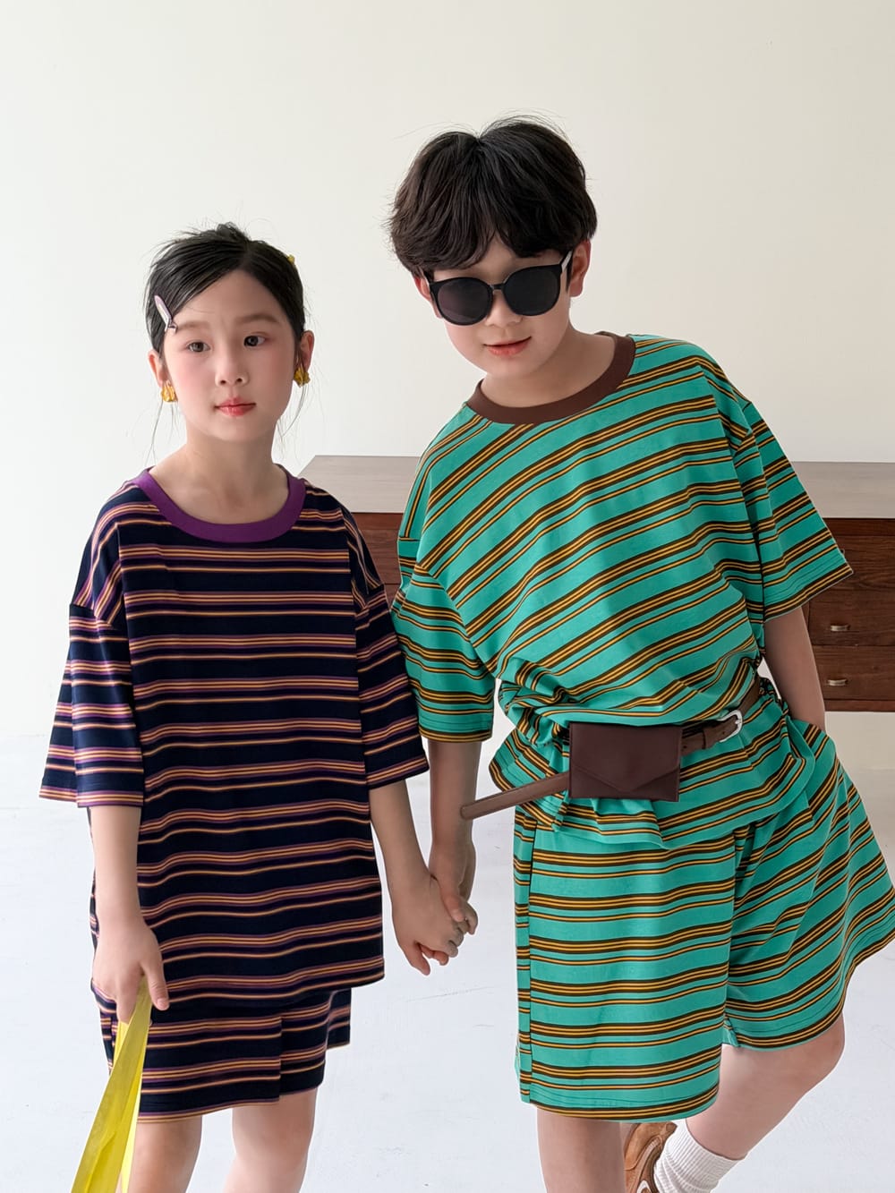 Multi Stripe Drop Shoulder Loose Set マルチボーダー 半袖Tシャツ ハーフパンツ セット【mh0013521】 KUMAI.KIDS 半袖セットアップ