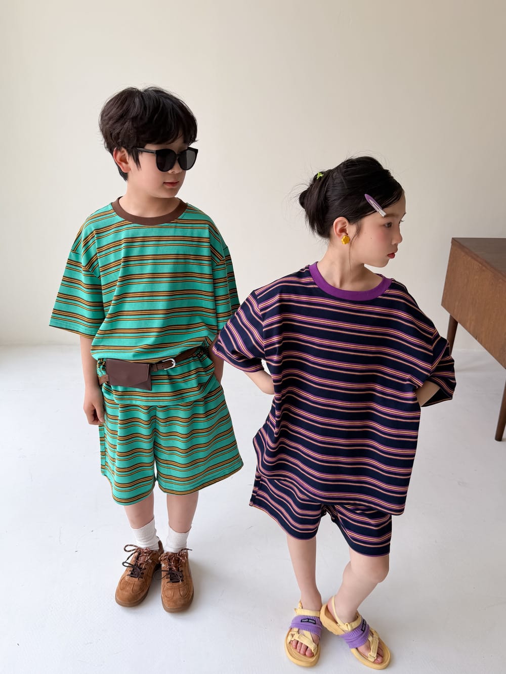 Multi Stripe Drop Shoulder Loose Set マルチボーダー 半袖Tシャツ ハーフパンツ セット【mh0013521】 KUMAI.KIDS 半袖セットアップ