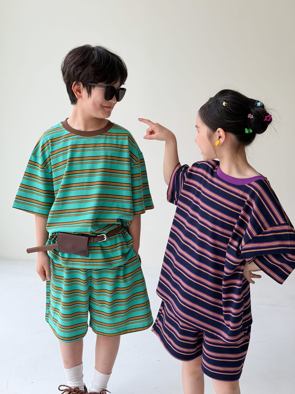 Multi Stripe Drop Shoulder Loose Set マルチボーダー 半袖Tシャツ ハーフパンツ セット【mh0013521】 KUMAI.KIDS 半袖セットアップ