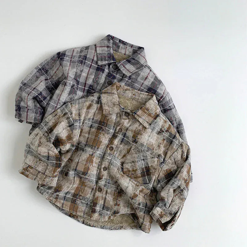 長袖シャツ・ブラウス キッズトップス 裏ファーフリースレトロチェック長袖シャツ 2カラー【mh0007584】