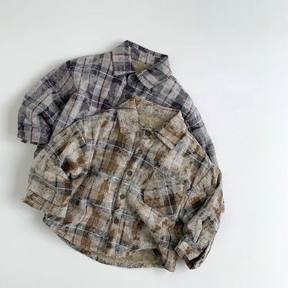 長袖シャツ・ブラウス キッズトップス 裏ファーフリースレトロチェック長袖シャツ 2カラー【mh0007584】