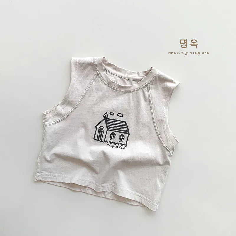 タンクトップ・キャミソール・ノースリーブトップス Apricot / 12M  80CM キッズトップス ノースリーブTシャツ タンクトップ ハウス家プリント 2カラー【mh0006324】