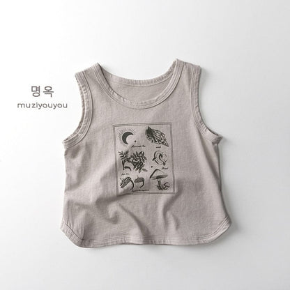 タンクトップ・キャミソール・ノースリーブトップス Beige Gray / 80cm 植物プリント柄タンクトップ【mh0010473】