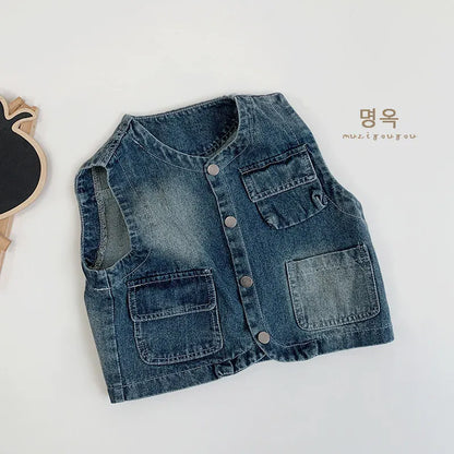 ベスト Blue / 12M  80CM キッズベスト マルチポケットデニムベストジャケット【mh0006686】