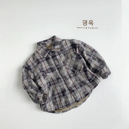 長袖シャツ・ブラウス Blue / 80cm 9-12M キッズトップス 裏ファーフリースレトロチェック長袖シャツ 2カラー【mh0007584】