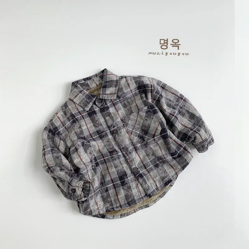 長袖シャツ・ブラウス Blue Gray / 80cm 12M キッズトップス レトロチェック裏フリース長袖シャツ【mh0008393】