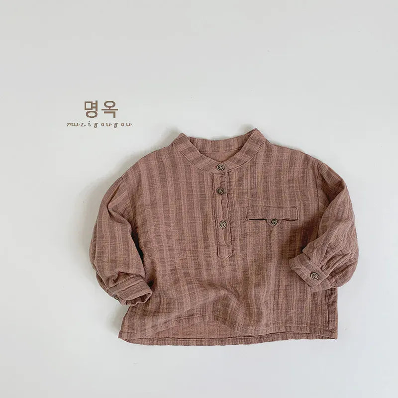 長袖シャツ・ブラウス Brown / 12M  80CM キッズトップス 長袖スタンドカラーストライプルーズシャツ 3カラー【mh0006682】