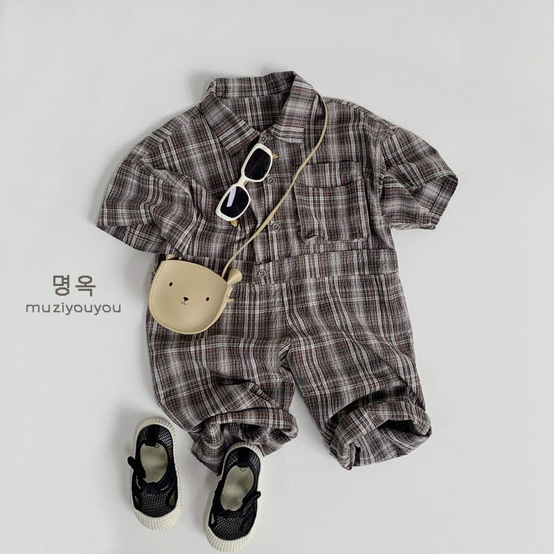 半袖ジャンプスーツ Brown / 80cm チェック半袖シャツジャンプスーツ カバーオール【mh0009584】