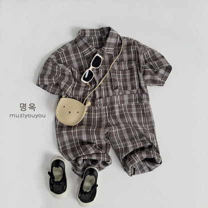 半袖ジャンプスーツ Brown / 80cm チェック半袖シャツジャンプスーツ カバーオール【mh0009584】