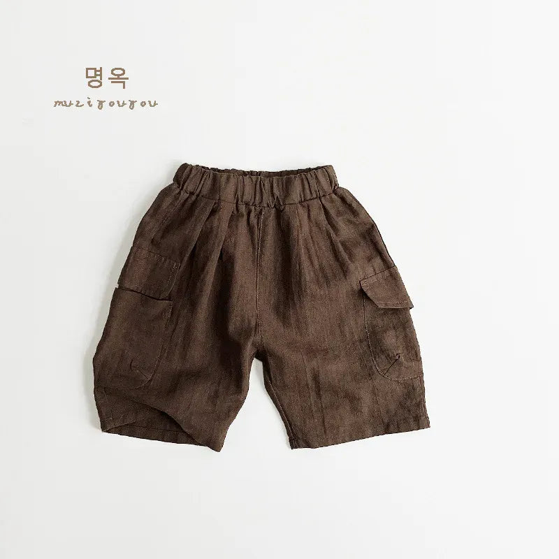 ハーフパンツ・ショートパンツ Coffee / 80cm 9-12M キッズパンツ コットンリネン カーゴハーフパンツ 3カラー【mh0005623】