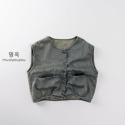 ベスト Denim Blue / 80cm ウォッシュデニムポケットベスト【mh0009821】
