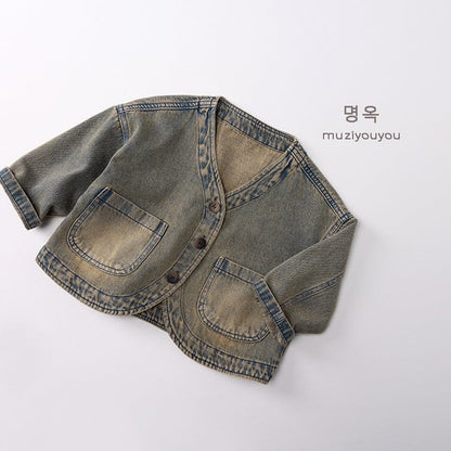 ショートコート・ジャケット・ジャンパー Denim Blue / 80cm ヴィンテージ風Vネックデニムジャケット【mh0010868】