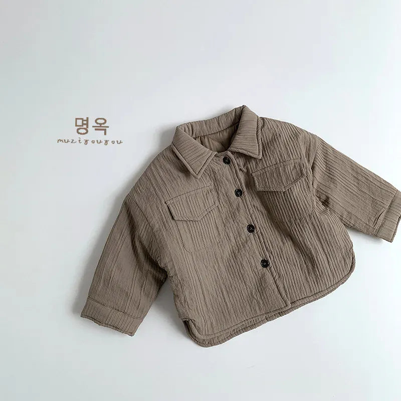 長袖シャツ・ブラウス Khaki / 80cm 9-12M キッズトップス 裏キルティング防寒長袖シャツジャケット 2カラー【mh0007585】