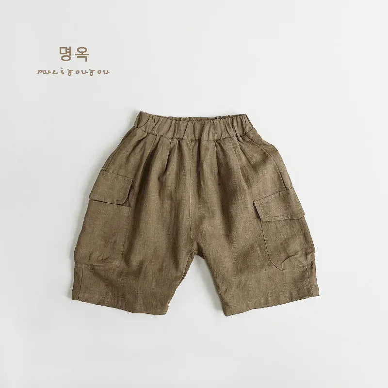 ハーフパンツ・ショートパンツ Khaki / 80cm 9-12M キッズパンツ コットンリネン カーゴハーフパンツ 3カラー【mh0005623】