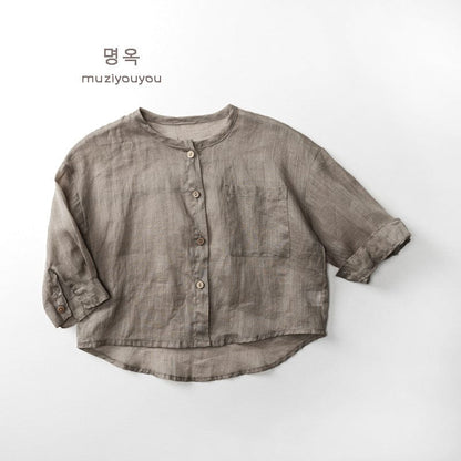 長袖シャツ・ブラウス Khaki / 80cm ノーカラーシンプル薄手長袖シャツ【mh0010477】