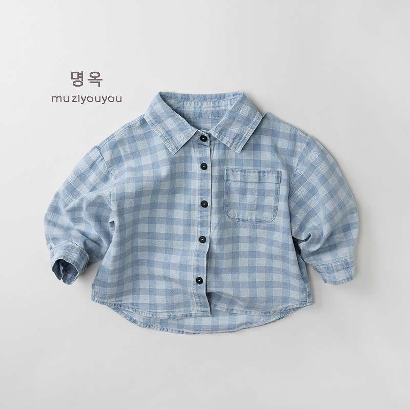 長袖シャツ・ブラウス Light Blue / 80cm Plaid Denim Shirt Cardigan Jacket チェック柄 デニムシャツ ジャケット【mh0012011】