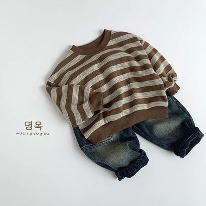 トレーナー・フーディ キッズトップス ボーダー裏フリース長袖スウェットシャツトレーナー【mh0007764】