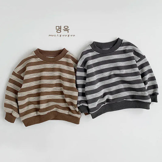 トレーナー・フーディ キッズトップス ボーダー裏フリース長袖スウェットシャツトレーナー【mh0007764】